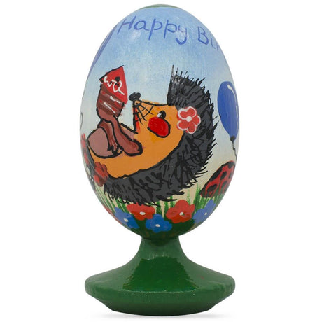 Happy Birthday from Hedgehog and Fox Wooden Figurine in Multi color, Oval shape