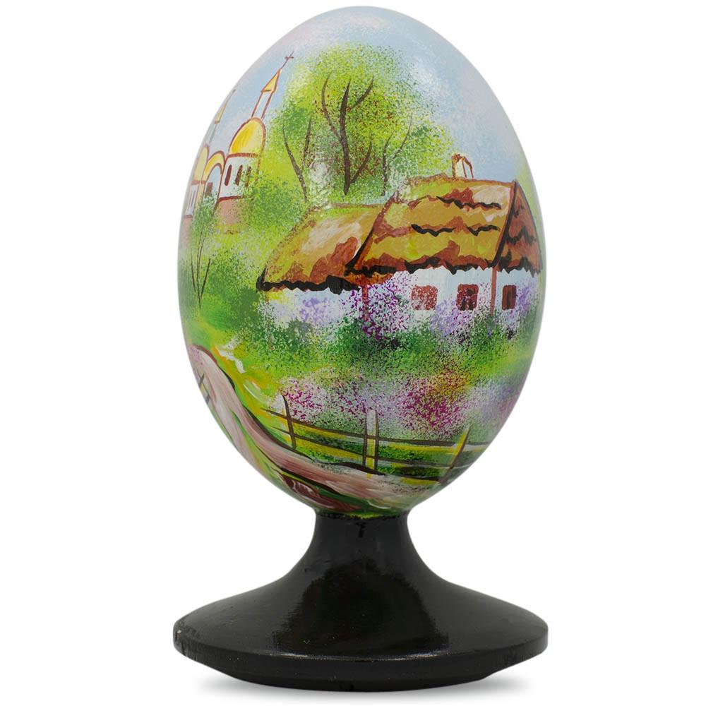 Wood Ukrainian Village Scene with Church Wooden Easter Egg Figurine 4.75 Inches in Multi color Oval