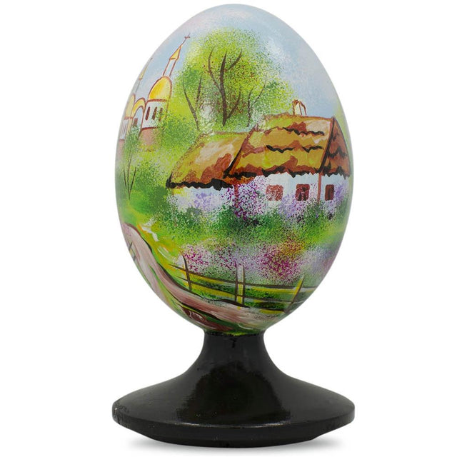 Wood Ukrainian Village Scene with Church Wooden Easter Egg Figurine 4.75 Inches in Multi color Oval