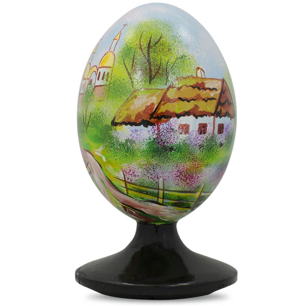 Ukrainian Village Scene with Church Wooden Easter Egg Figurine 4.75 Inches in Multi color Oval