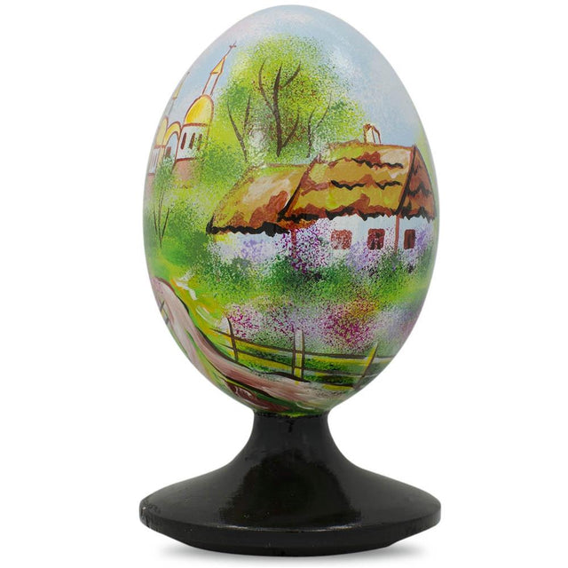 Ukrainian Village Scene with Church Wooden Easter Egg Figurine 4.75 Inches in Multi color Oval