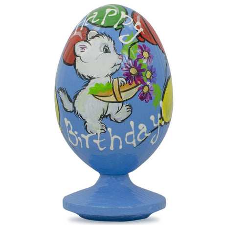 White Cat with Happy Birthday Balloons Wooden Figurine in Blue color, Oval shape