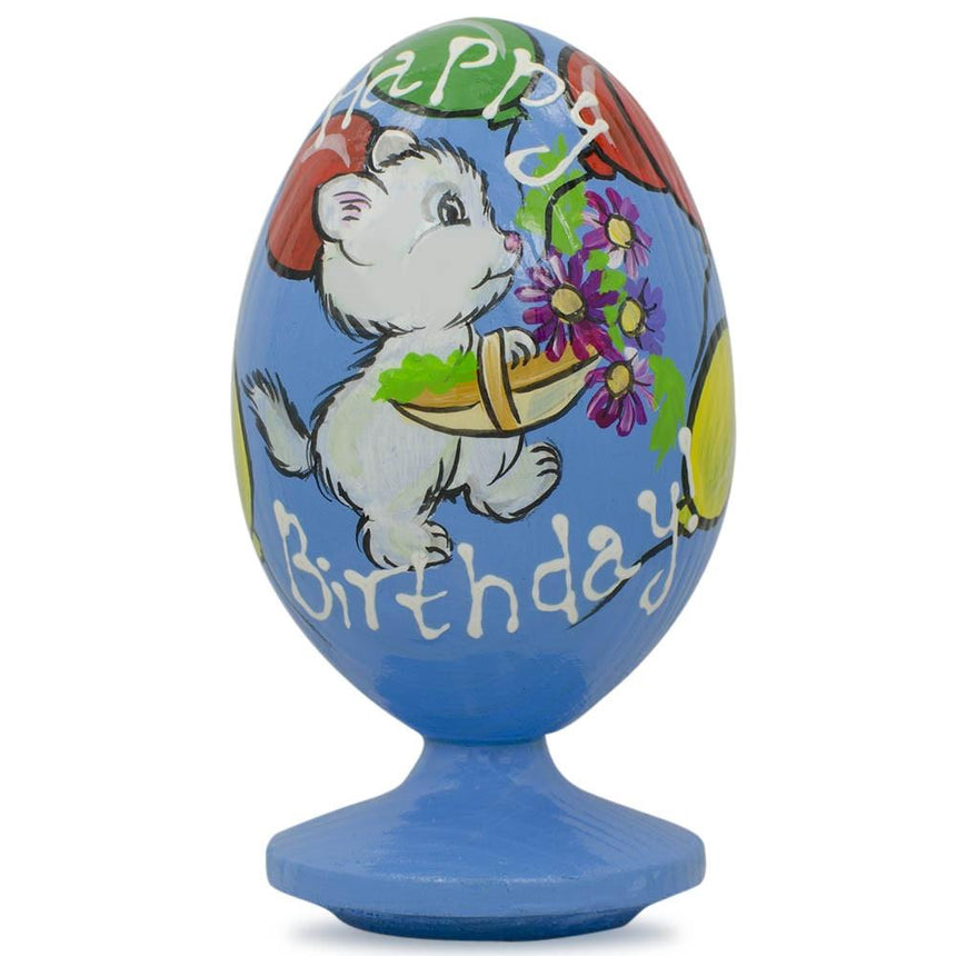 White Cat with Happy Birthday Balloons Wooden Figurine in Blue color Oval