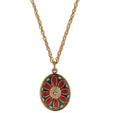 Pewter Floral Elegance: 20" Red Flower on Green Enamel Royal Egg Necklace in Red color Oval