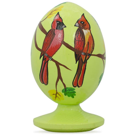 Red Cardinal Birds in Forest Wooden Figurine in Green color, Oval shape