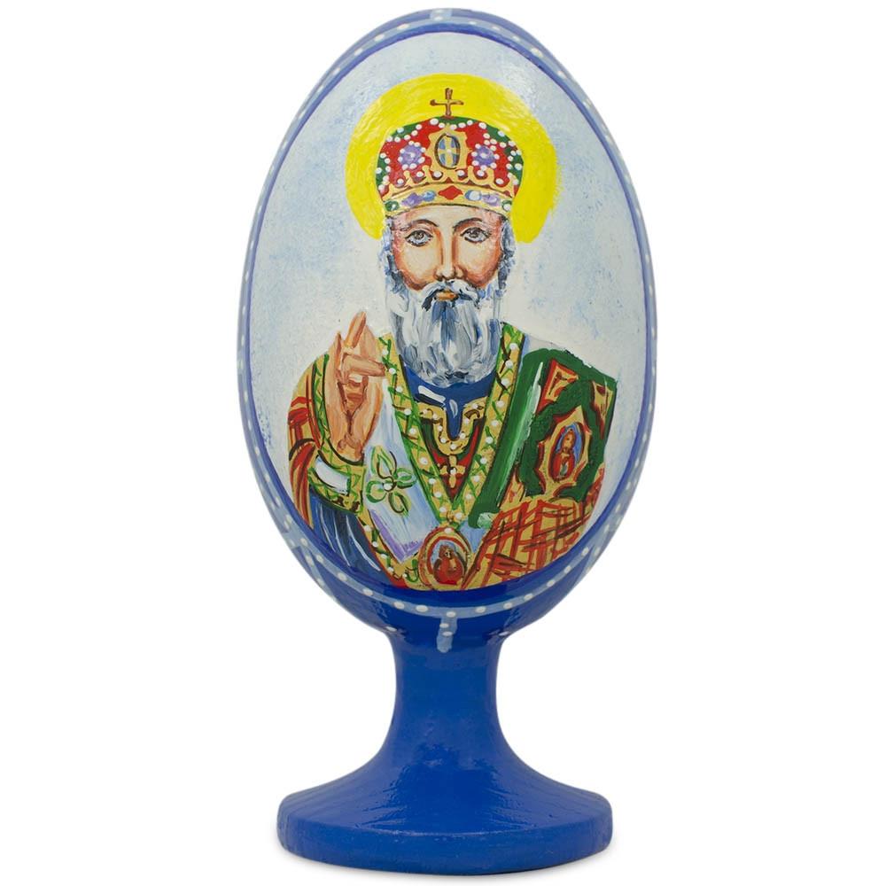 St Nicholas with the Bible Wooden Easter Egg Figurine 4.75 Inches in Multi color Oval