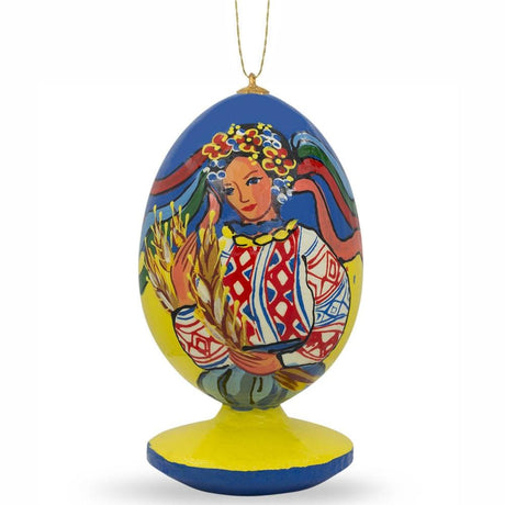 Ukrainian Girl on Independence Day Wooden Christmas Ornament in Multi color, Oval shape