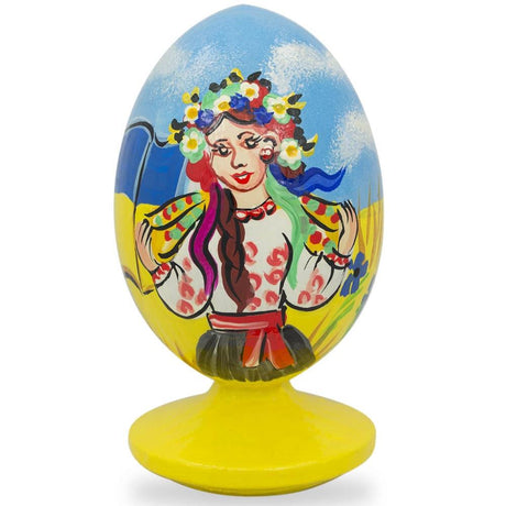 Wood Ukrainian Girl with Flag Easter Egg Figurine in Multi color Oval