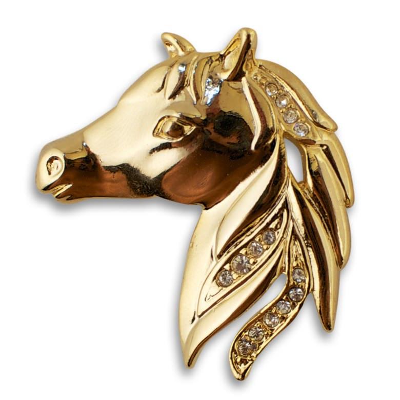 Equestrian Elegance: Gold Plated Horse Brooch Adorned with Crystals in Gold color