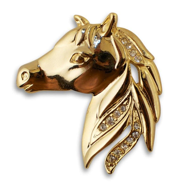 Equestrian Elegance: Gold Plated Horse Brooch Adorned with Crystals in Gold color,  shape