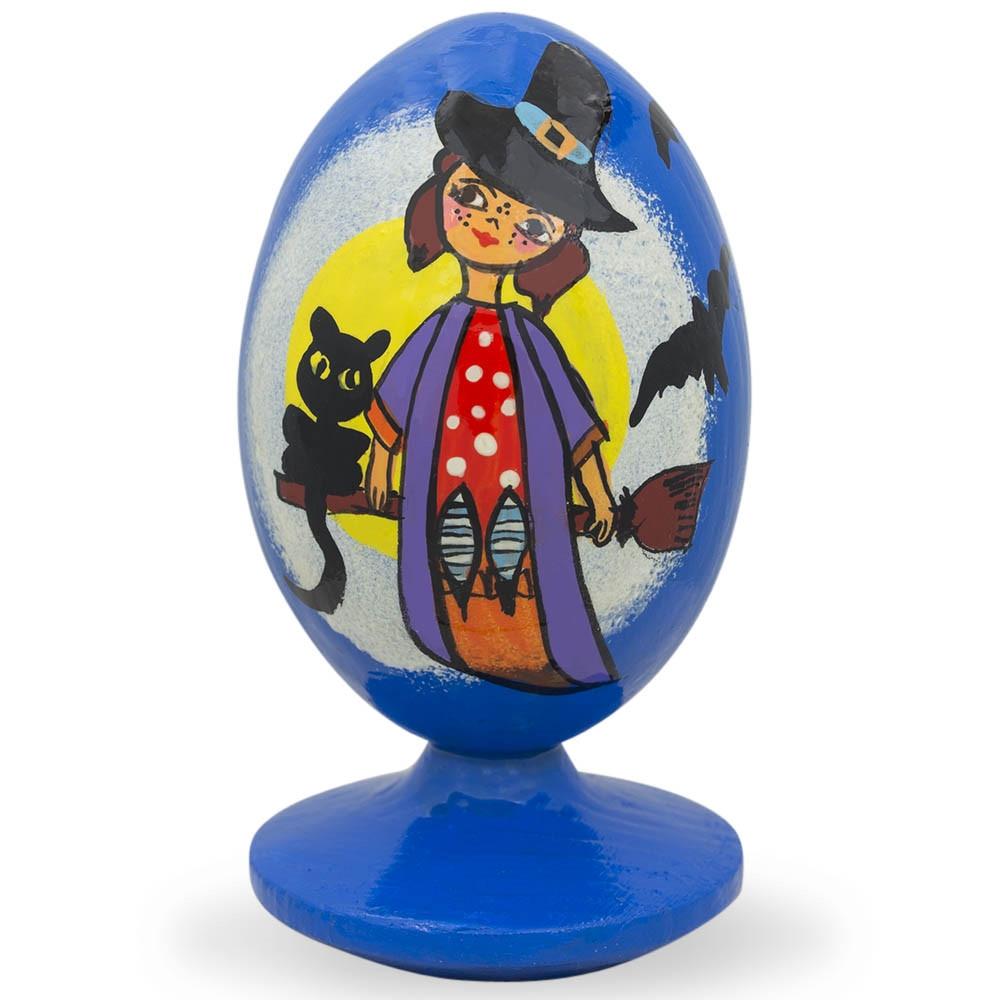 Witch with Broom Halloween Wooden Figurine in Multi color, Oval shape