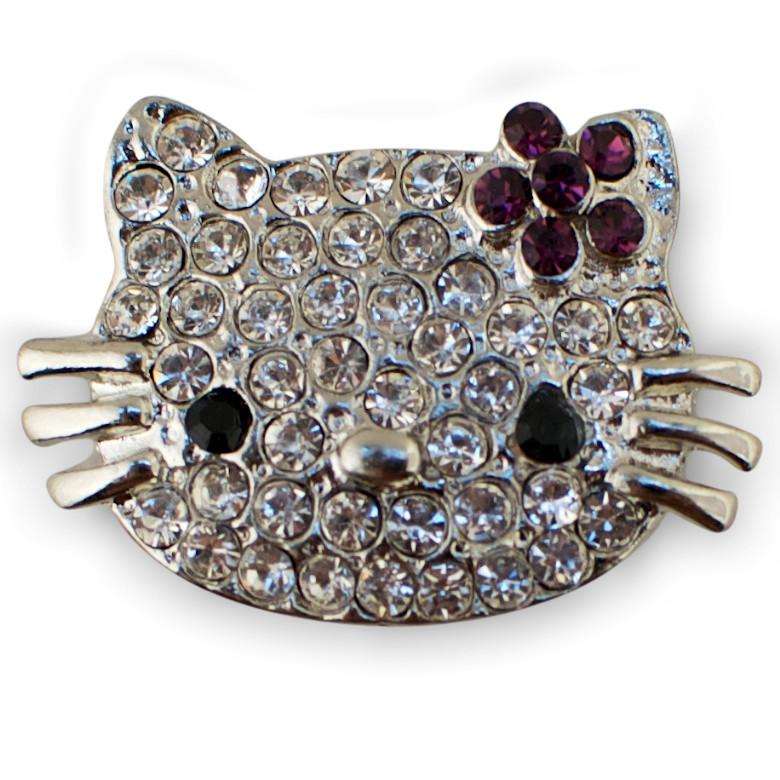 Pewter Charming Crystal Cat Decorative Pin in Silver color
