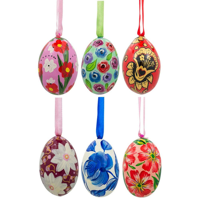 Wood Set of 6 Pink, Green, Red Flower Wooden Floral Egg Christmas Ornaments 3 Inches in Multi color Oval