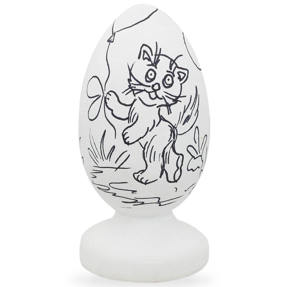 Cat and Teddy Bear Birthday Party Unfinished Wooden Figurine in White color Oval