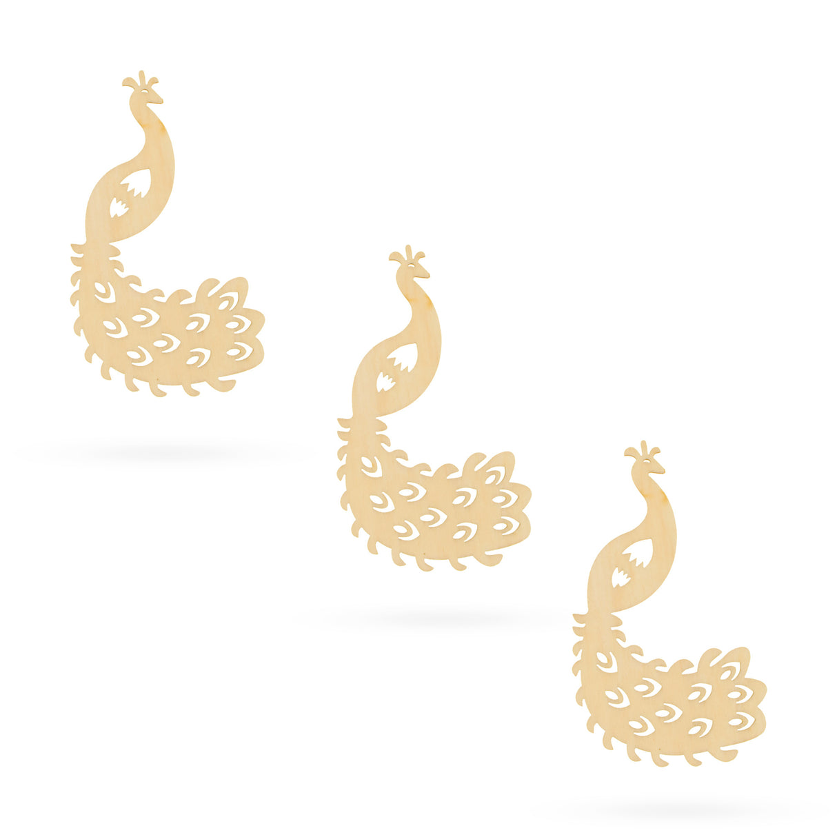 3 Peacocks Unfinished Wooden Shapes Craft Cutouts DIY Unpainted 3D Plaques 4 Inches in Beige color,  shape