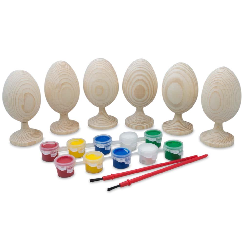 Set of 6 Unfinished Wooden Eggs 3.5 Inches in Beige color, Oval shape