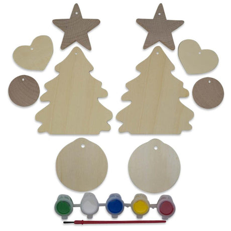 Wood 10 Christmas Tree, Hearts, Ball & Star Ornaments Unfinished Wooden Shapes Craft Cutouts DIY Unpainted 3D Plaques in Beige color