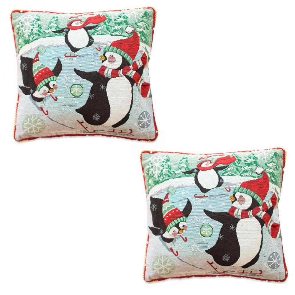 Fabric Set of 2 Skating Penguins Christmas Throw Pillow Covers in Multi color Square