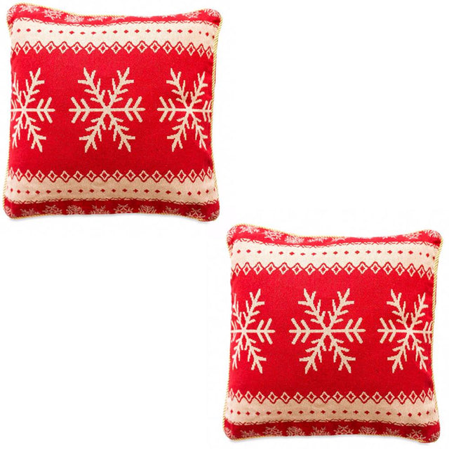 Set of 2 White Snowflakes on Red Christmas Throw Cushion Pillow Covers in Red color, Square shape