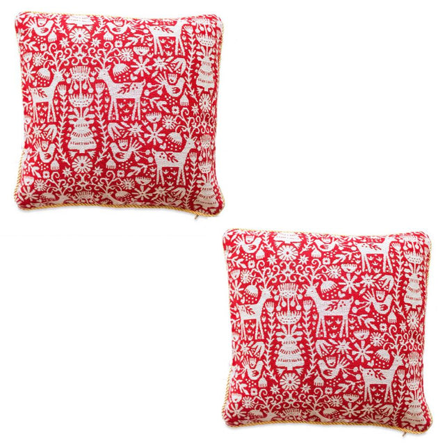 Fabric Set of 2 White Deer in the Woods Christmas Throw Cushion Pillow Covers in Red color Square