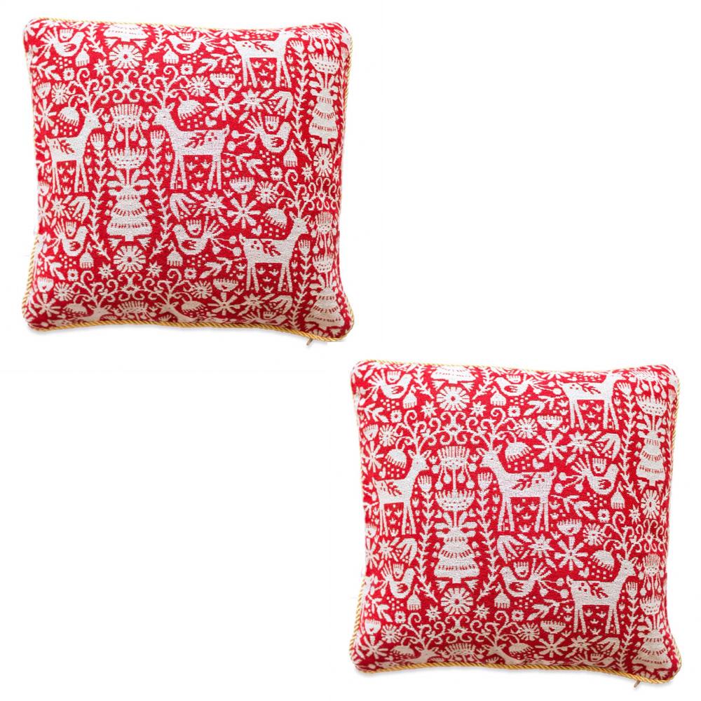 Set of 2 White Deer in the Woods Christmas Throw Cushion Pillow Covers in Red color Square