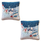 Set of 2 Snowmen Enjoying Winter Sport Parade Christmas Throw Cushion Pillow Covers in Blue color Square