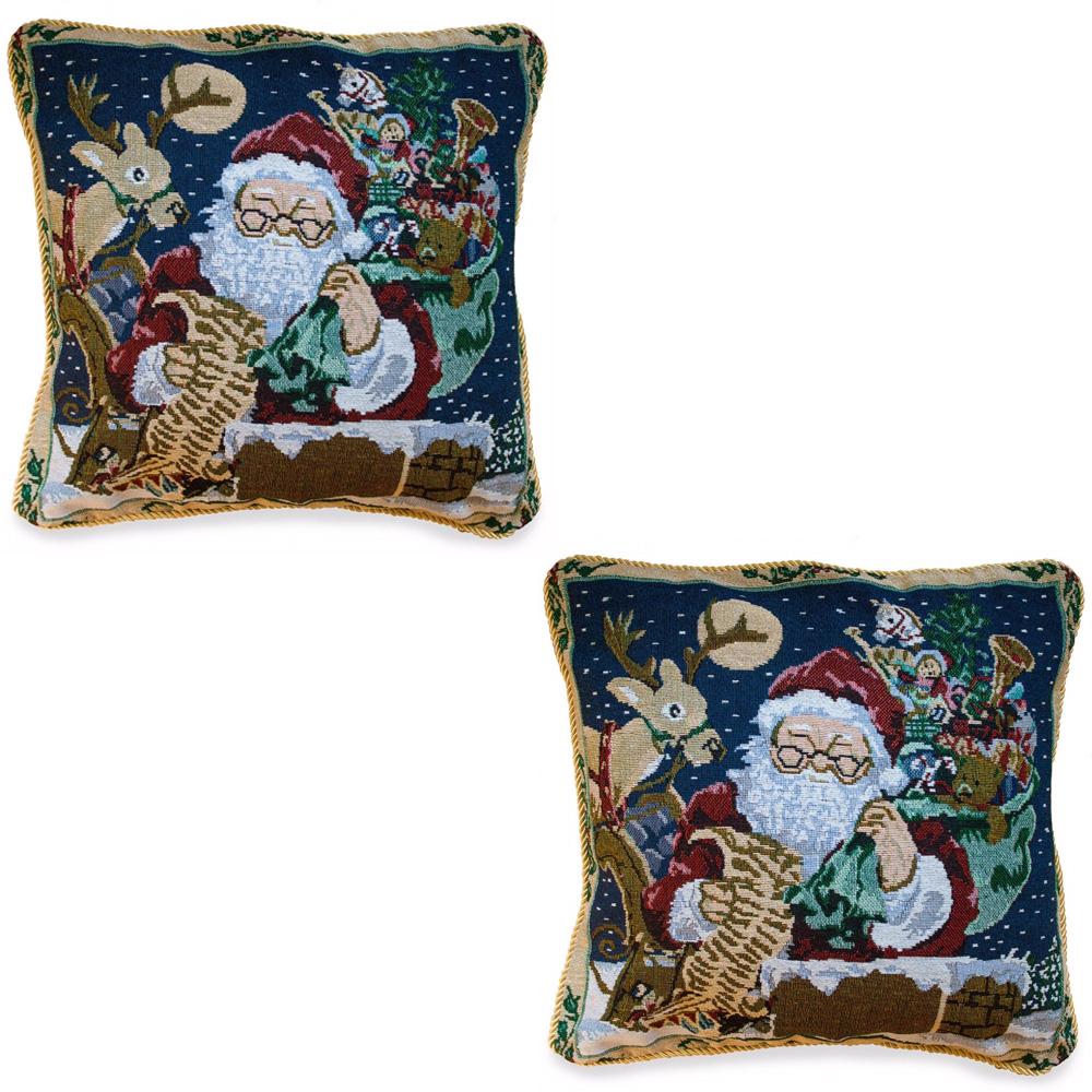 Set of 2 Santa Reading Gifts List Christmas Throw Cushion Pillow Covers in Blue color Square