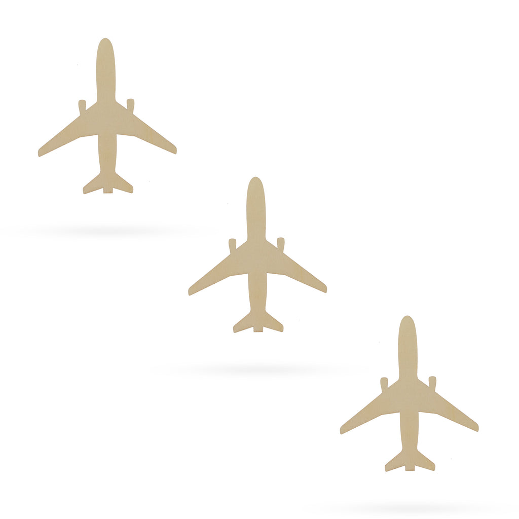 3 Airplanes Unfinished Wooden Shapes Craft Cutouts DIY Unpainted 3D Plaques 4 Inches in Beige color