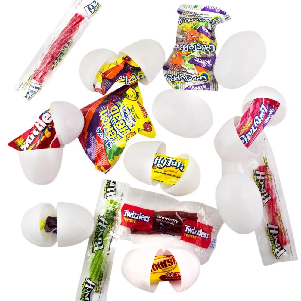 Set of 12 White Plastic Eggs with Candy 2.25 Inches in Red color,  shape