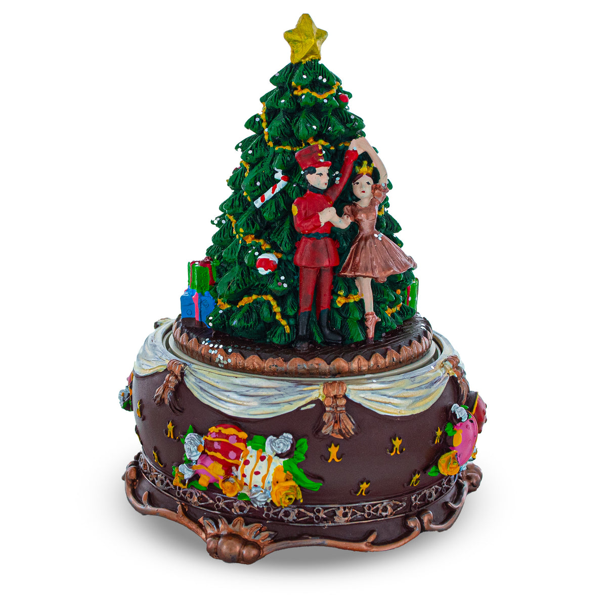 Resin Magical Nutcracker and Ballerina: Wind-Up Christmas Musical Spinner Figurine in Multi color