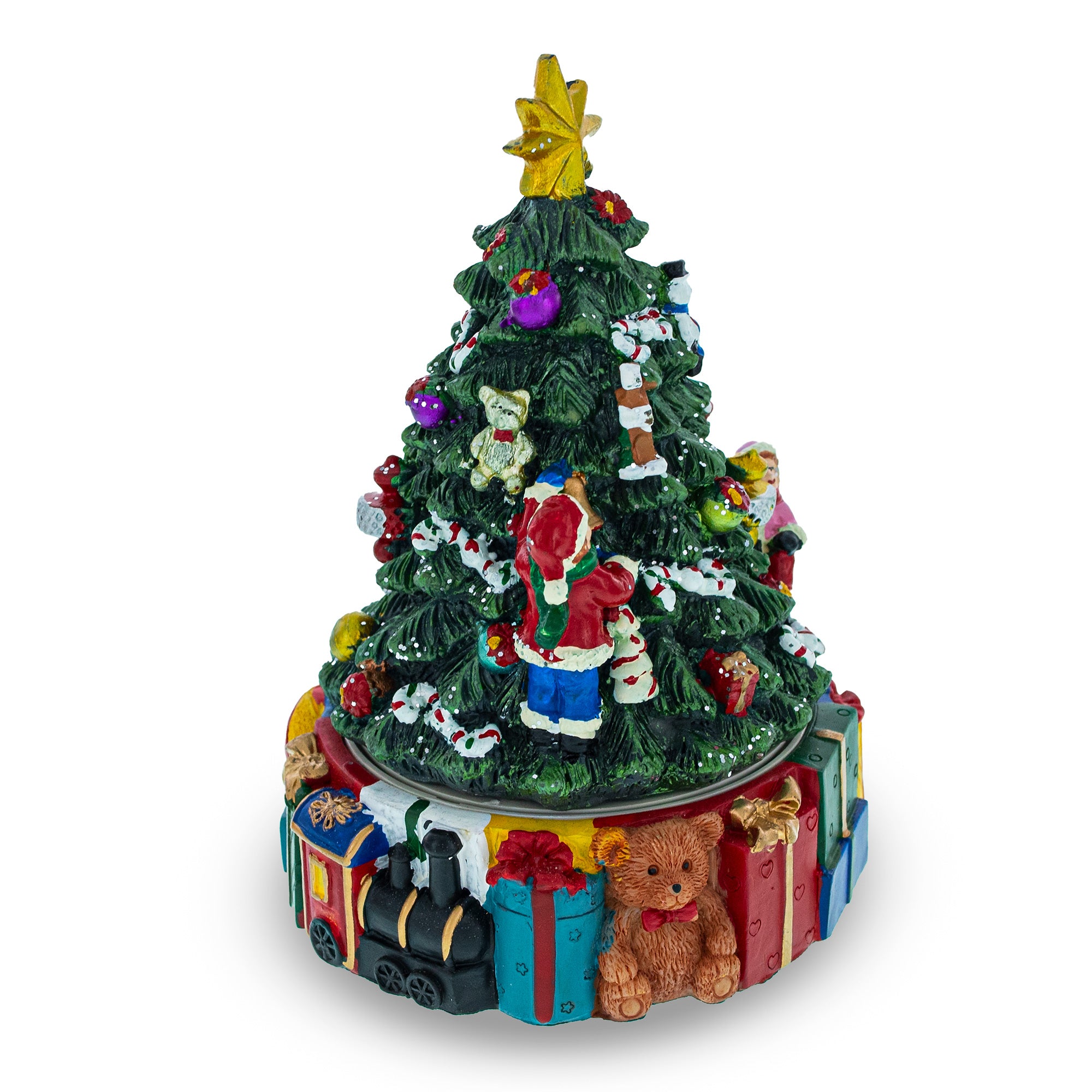 Spinning Base Musical Figurine with Children Decorating Christmas Tree in Multi color Triangle