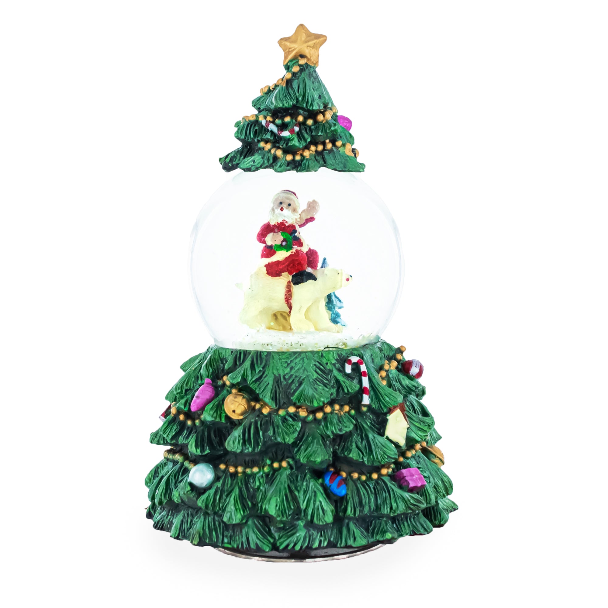 Santa's Riding Polar Bear Spinning Musical Water Snow Globe in Green color