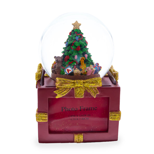 Four-Sided Picture Frame Christmas Tree Musical Water Snow Globe in Red color Round