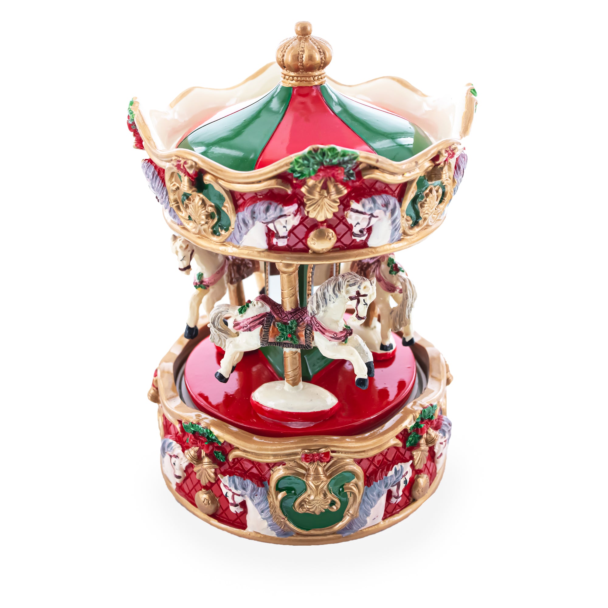 Merry-Go-Round Melody: Musical Christmas Figurine with Spinning Carousel HorsesChina , dimensions in inches: 6.35 x 4.2 x 4.2