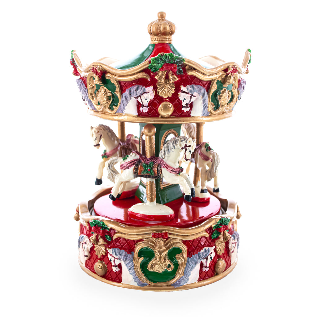 Musical Christmas Figurine with Spinning Carousel Horses in Multi color
