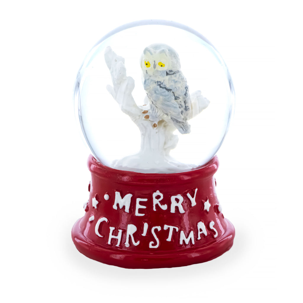 White Owl Perched on Red Base Mini Water Snow Globe in Red color Round