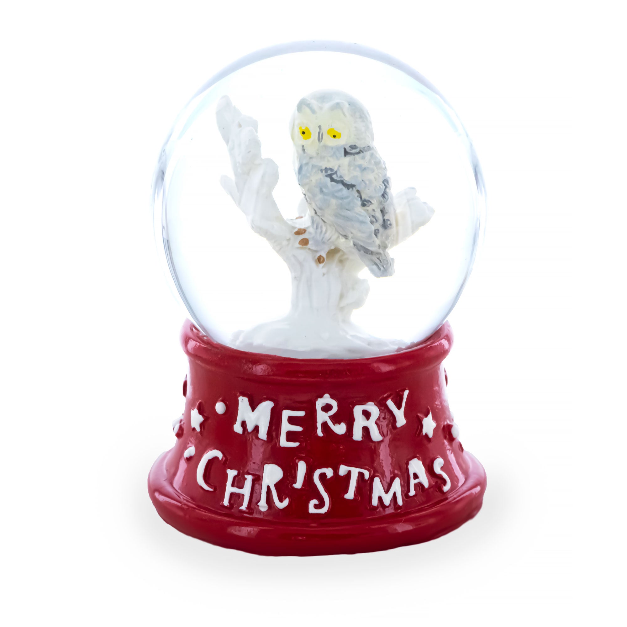 White Owl Perched on Red Base Mini Water Snow Globe in Red color Round
