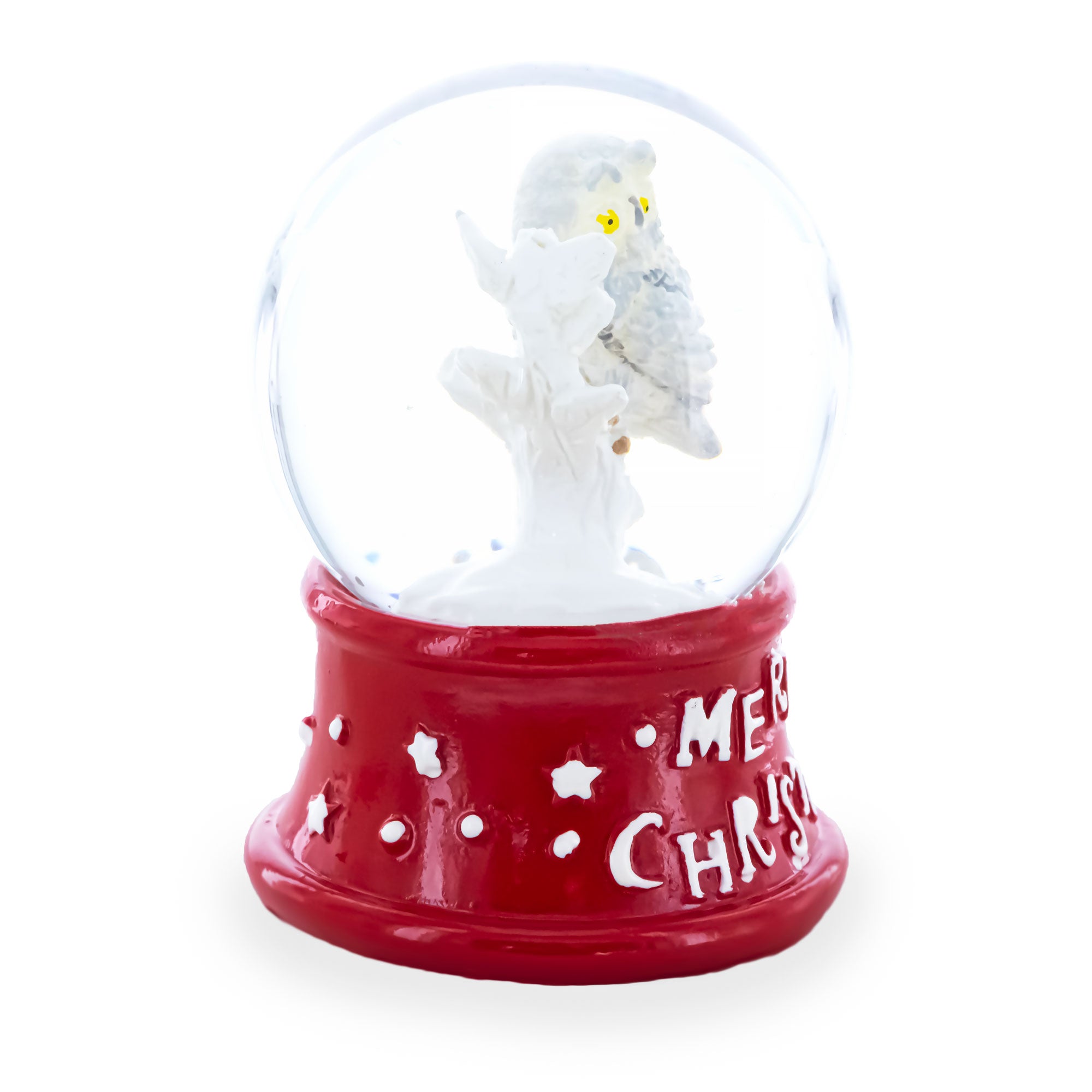 White Owl Perched on Red Base Mini Water Snow GlobeChina , dimensions in inches: 2.5 x 1.83 x 1.77