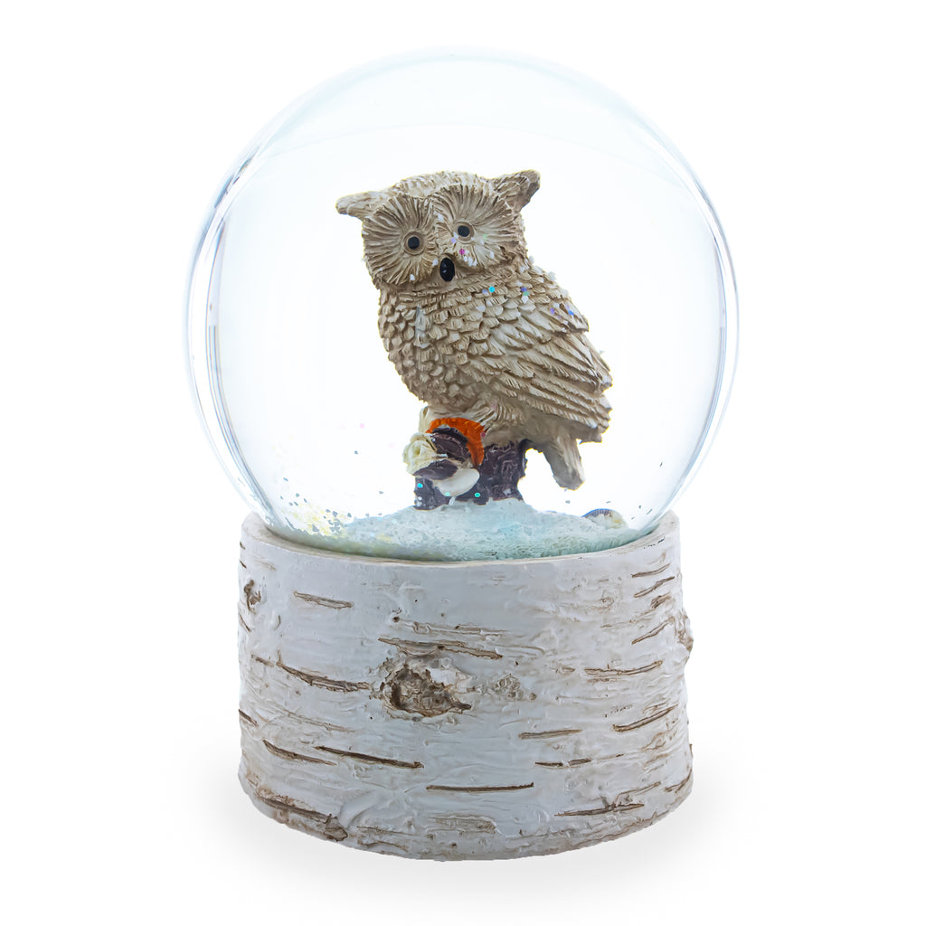 Owl Perched on Tree Branch Musical Water Snow Globe in Beige color Round