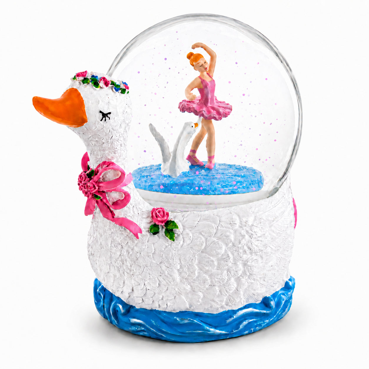 Ballerina and Graceful Swan Musical Glitter Water Globe in White color Round