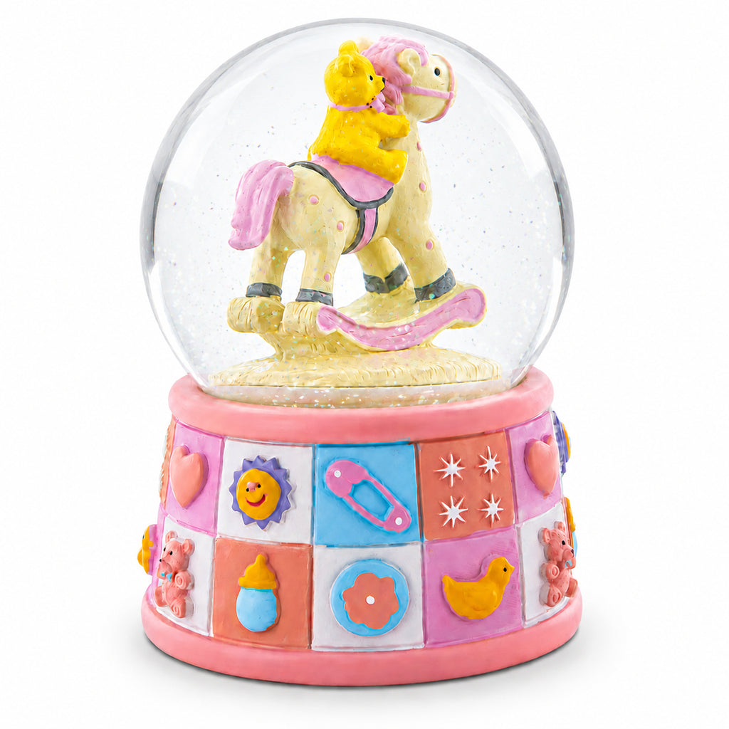 BestPysanky online gift shop sells Christmas water globe baby shower gift nursery decor music box snowglobe musical collectible figurine glitter flakes wind up rotating animated teddy bear rocking horse keepsake kids room