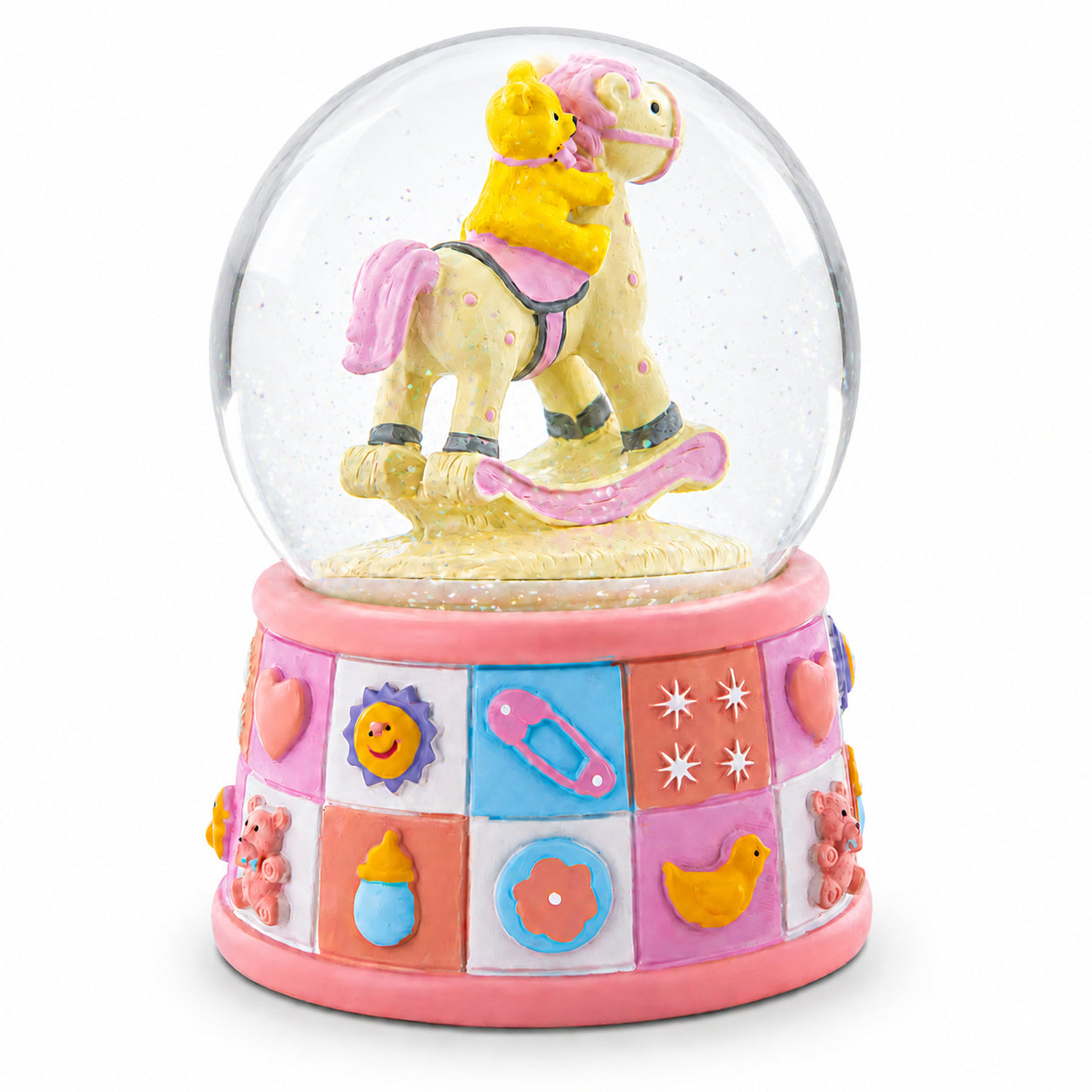 BestPysanky online gift shop sells Christmas water globe baby shower gift nursery decor music box snowglobe musical collectible figurine glitter flakes wind up rotating animated teddy bear rocking horse keepsake kids room