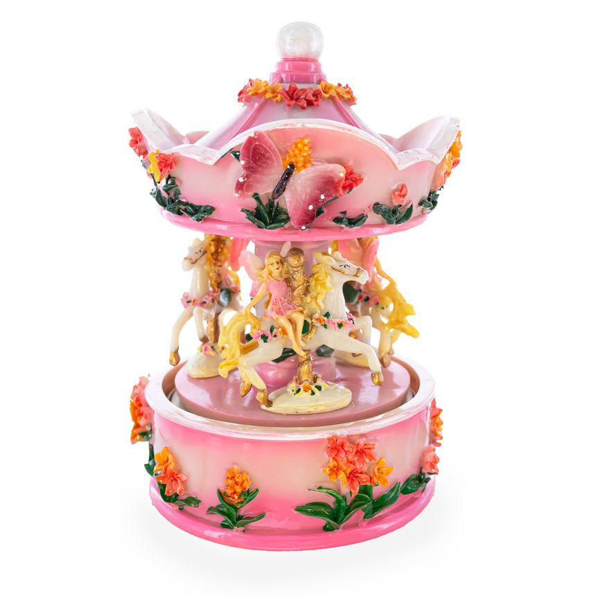 Pink Fairy Floral Carousel Musical Figurine in Pink color