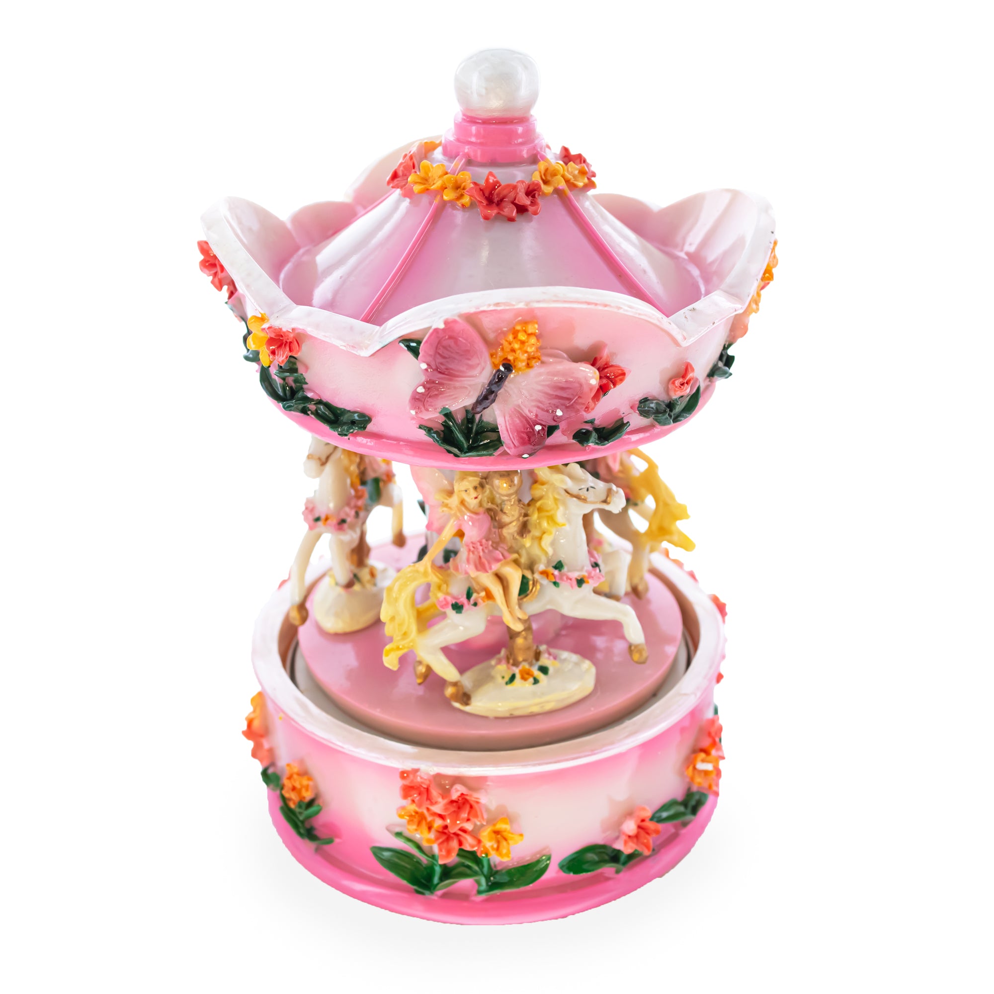 Pink Fairy Floral Carousel Musical FigurineChina , dimensions in inches: 6.5 x 4.4 x 4.4
