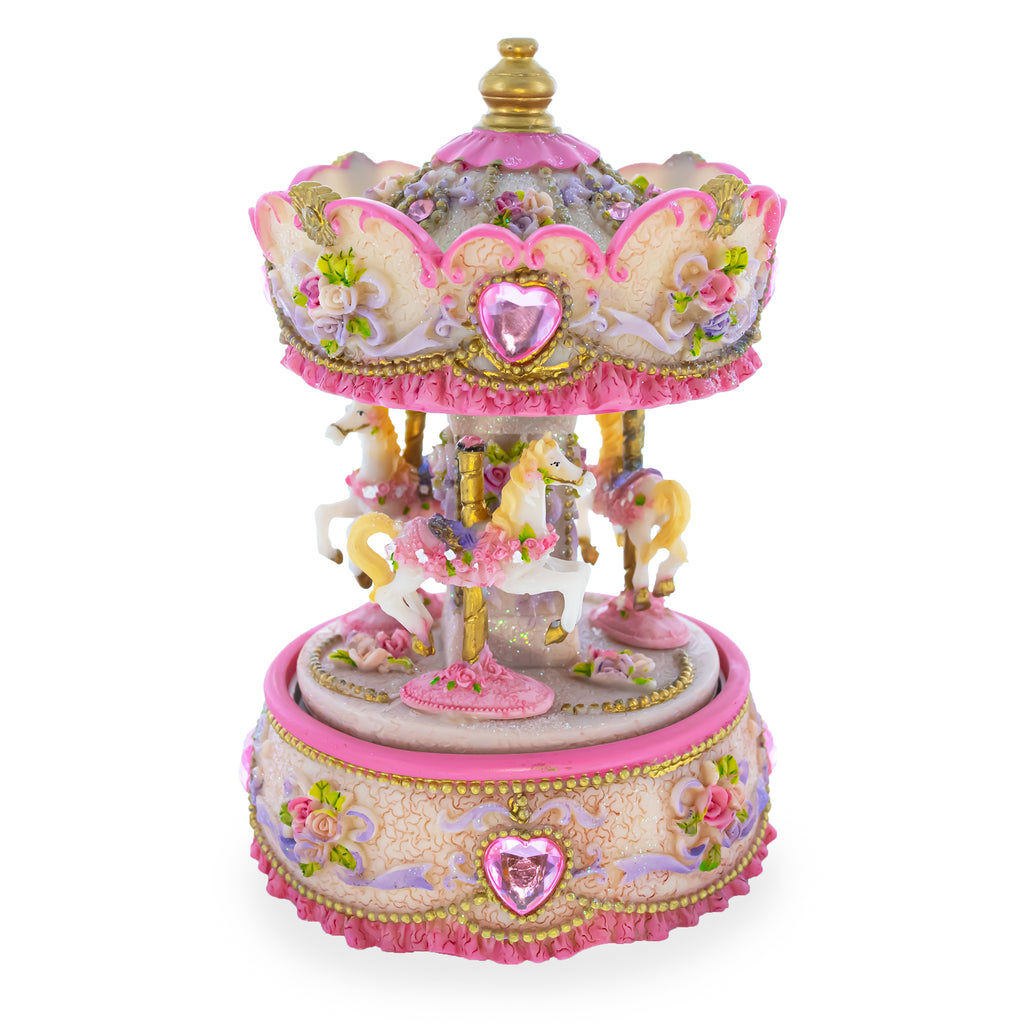 Floral Three Horses Carousel Spinning Musical Figurine in Pink color