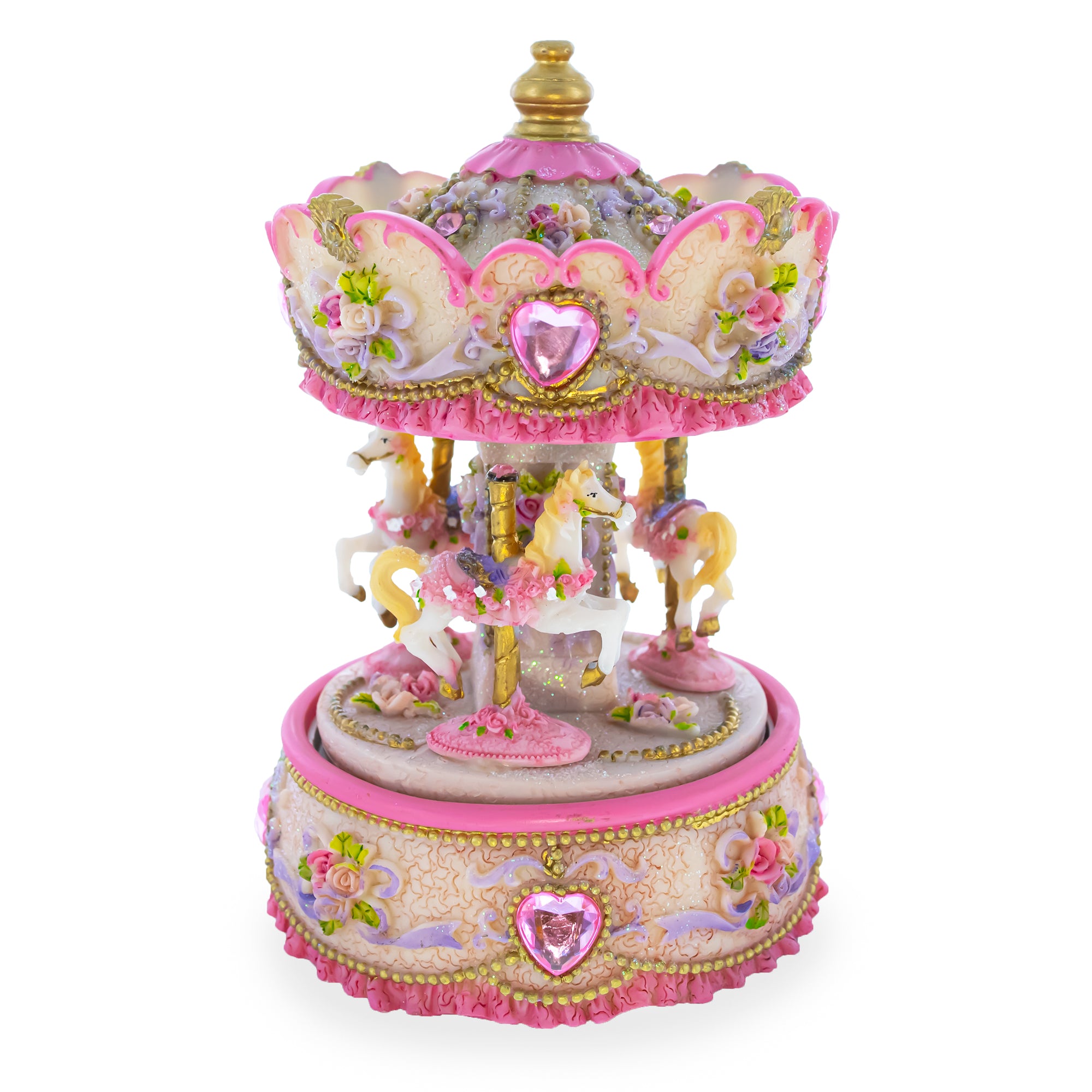 Floral Three Horses Carousel Spinning Musical Figurine in Pink color