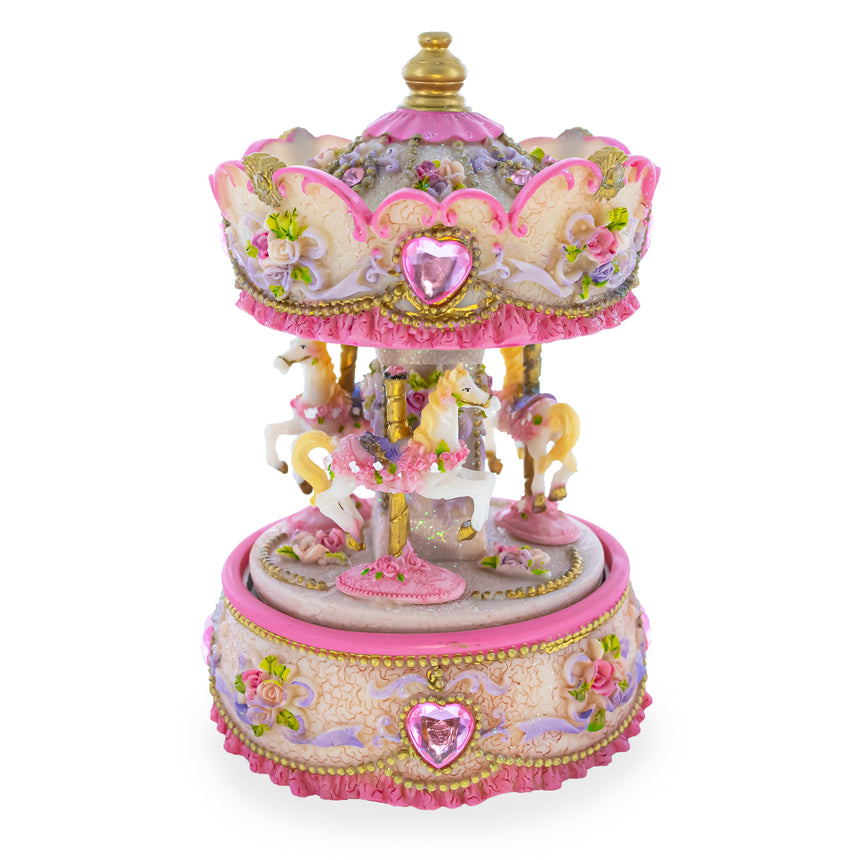 Floral Three Horses Carousel Spinning Musical Figurine in Pink color