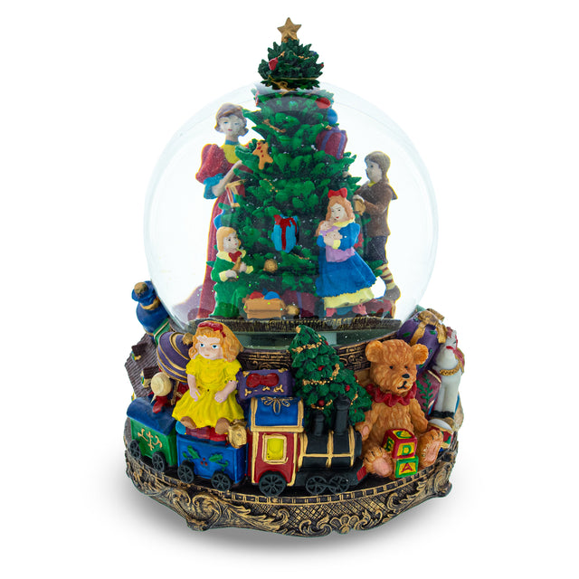 Illuminated Tree Magic: LED Lights Musical Water Snow Globe, 9.6 Inches, with Children Decorating Christmas Tree in Multi color, Round shape
