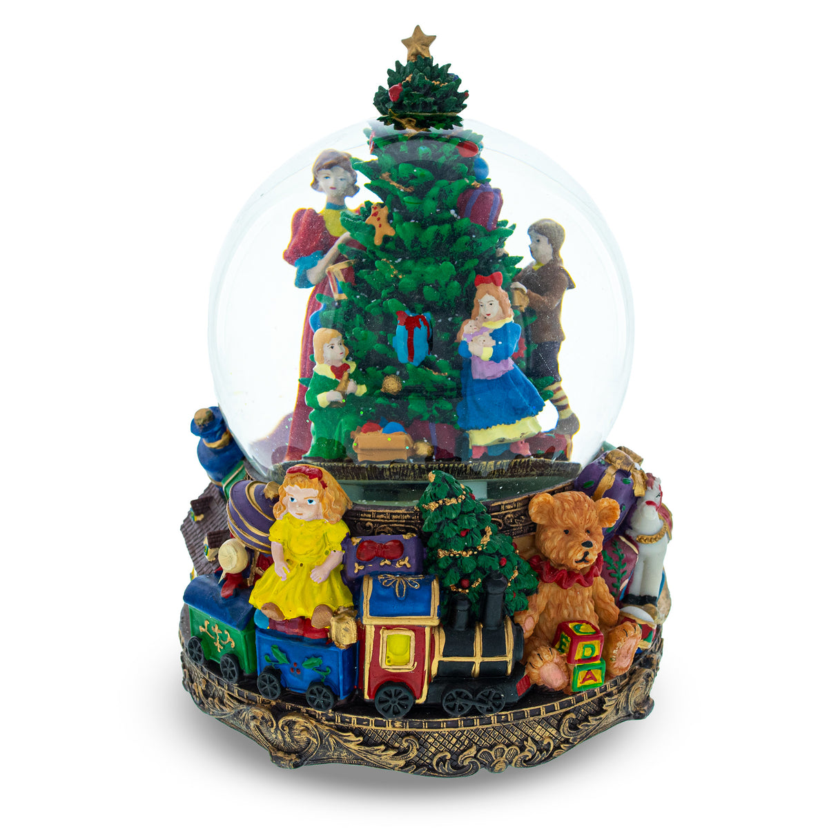 Resin Illuminated Tree Magic: LED Lights Musical Water Snow Globe, 9.6 Inches, with Children Decorating Christmas Tree in Multi color Round