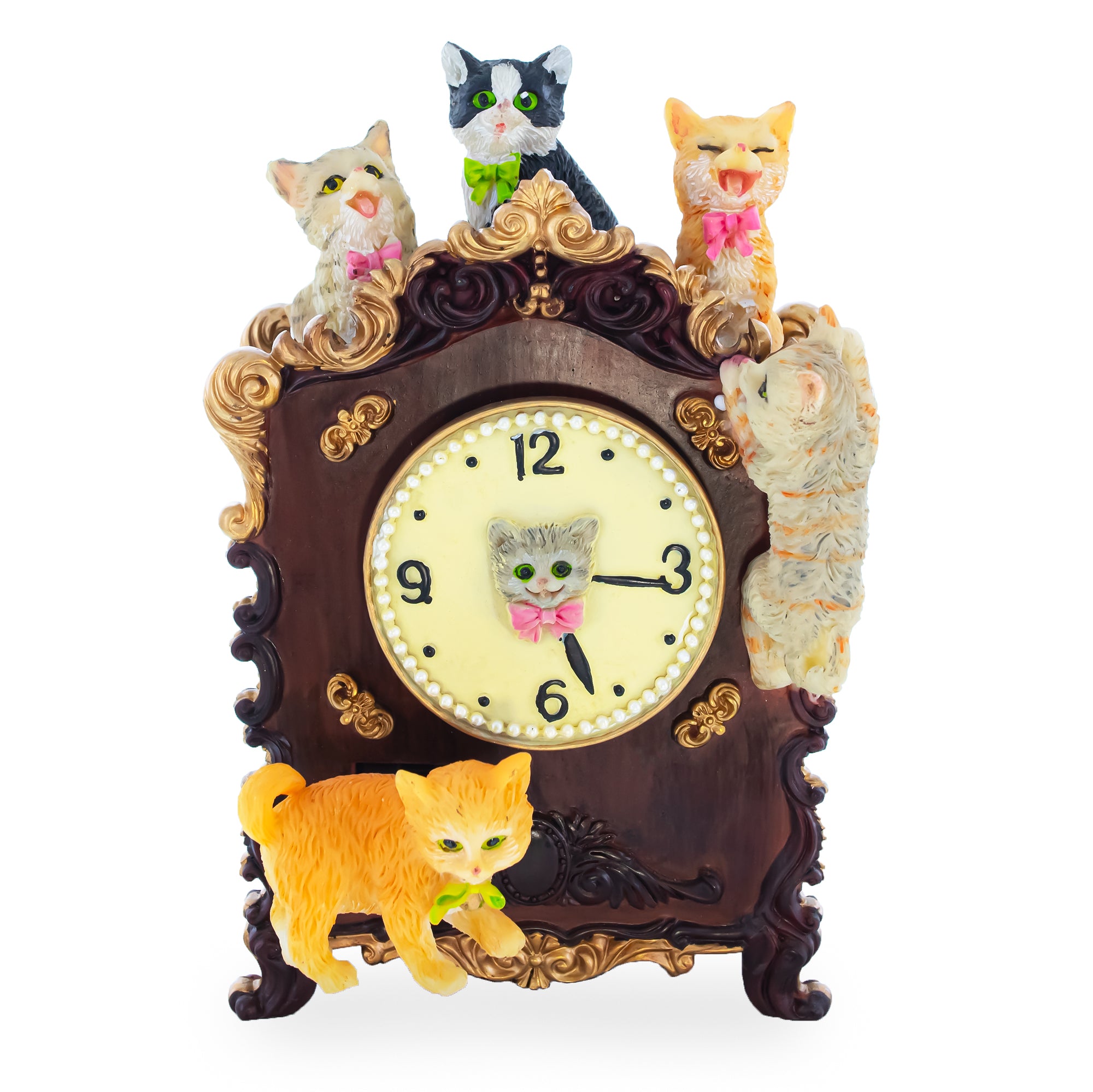 Whimsical Cat Clock Concert: Animated Musical Figurine with Playful Felines in Multi color